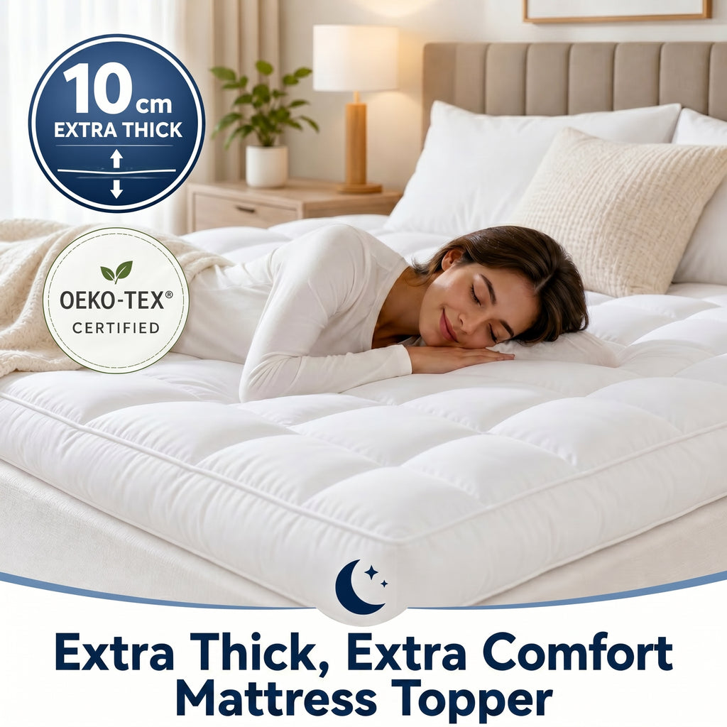 Extra Thick Quilted Mattress Topper – 10 cm Microfiber Cushion, Deep Pocket 360° Elastic Fit, Breathable Hypoallergenic, OEKO-TEX® Certified Mattress Pad Cover