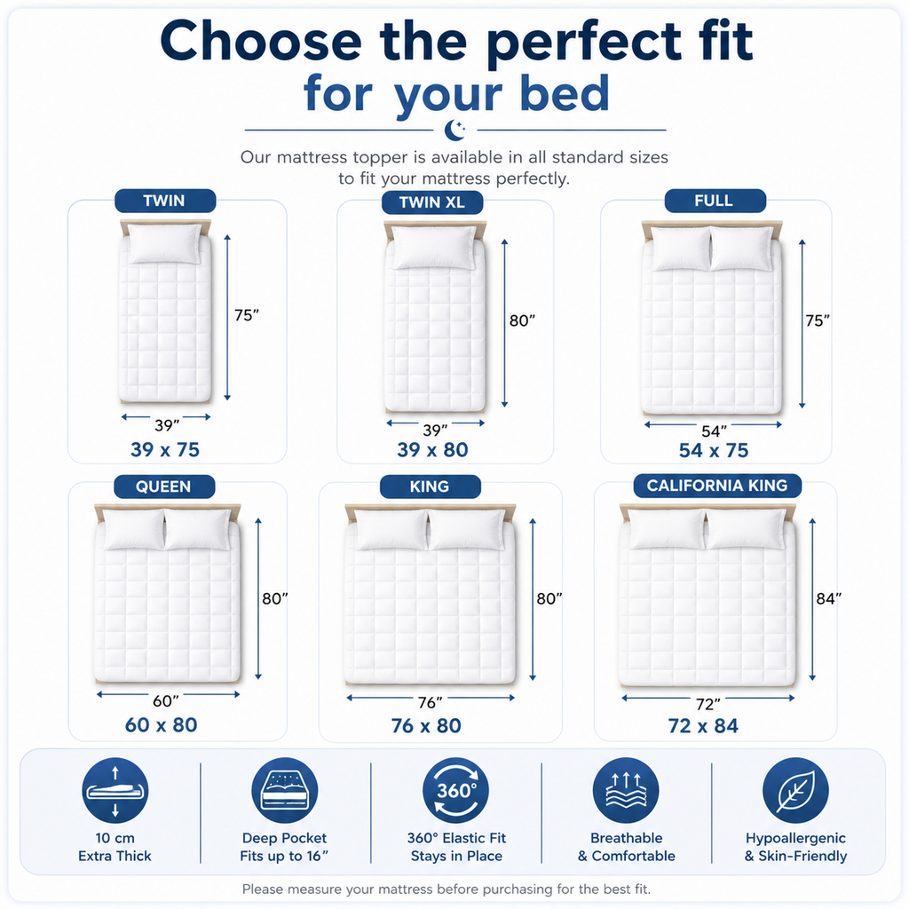 Extra Thick Quilted Mattress Topper – 10 cm Microfiber Cushion, Deep Pocket 360° Elastic Fit, Breathable Hypoallergenic, OEKO-TEX® Certified Mattress Pad Cover