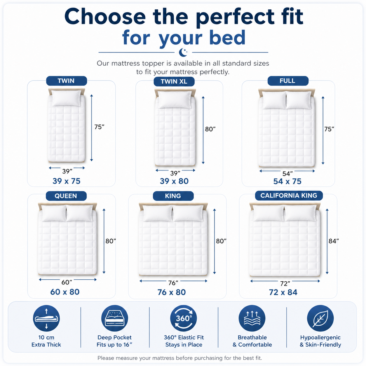 Extra Thick Quilted Mattress Topper – 10 cm Microfiber Cushion, Deep Pocket 360° Elastic Fit, Breathable Hypoallergenic, OEKO-TEX® Certified Mattress Pad Cover