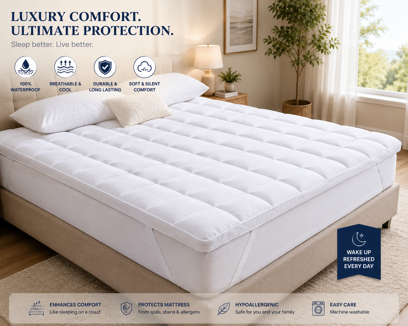 Waterproof Quilted Mattress Protector – OEKO-TEX® Certified Microfiber, Breathable &  Noiseless Bed Cover with Deep Pocket Fitted Skirt, Soft Mattress Pad for All Sizes