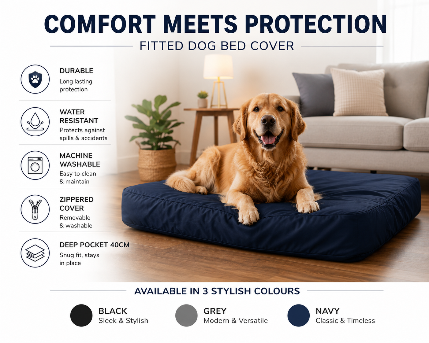 Heavy-Duty Oxford Polyester Dog Bed Cover – Water-Resistant, Scratch-Resistant & Washable Replacement Cover with Hidden Zipper