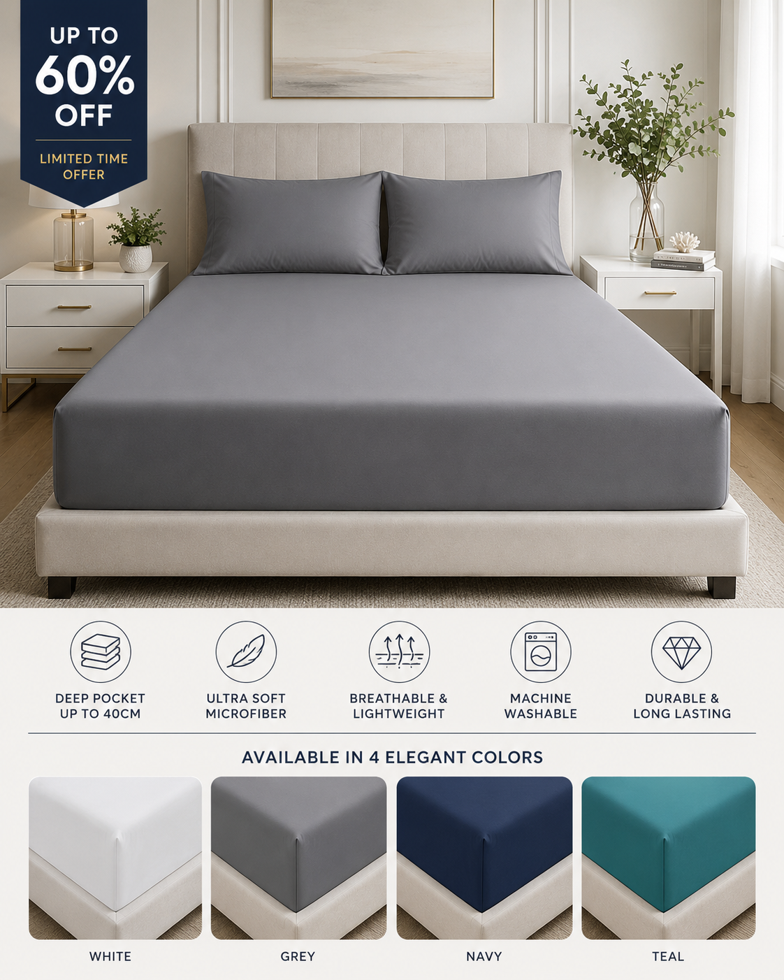 Ultra-Soft Microfiber Flat Bed Sheet – Lightweight, Breathable & Wrinkle-Resistant Top  Sheet (Twin/Full/Queen/King, Multiple Colors)