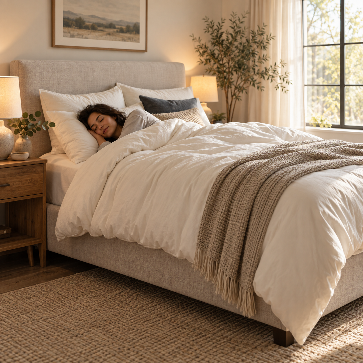 Woman resting on a bed with layered pillows and bedding