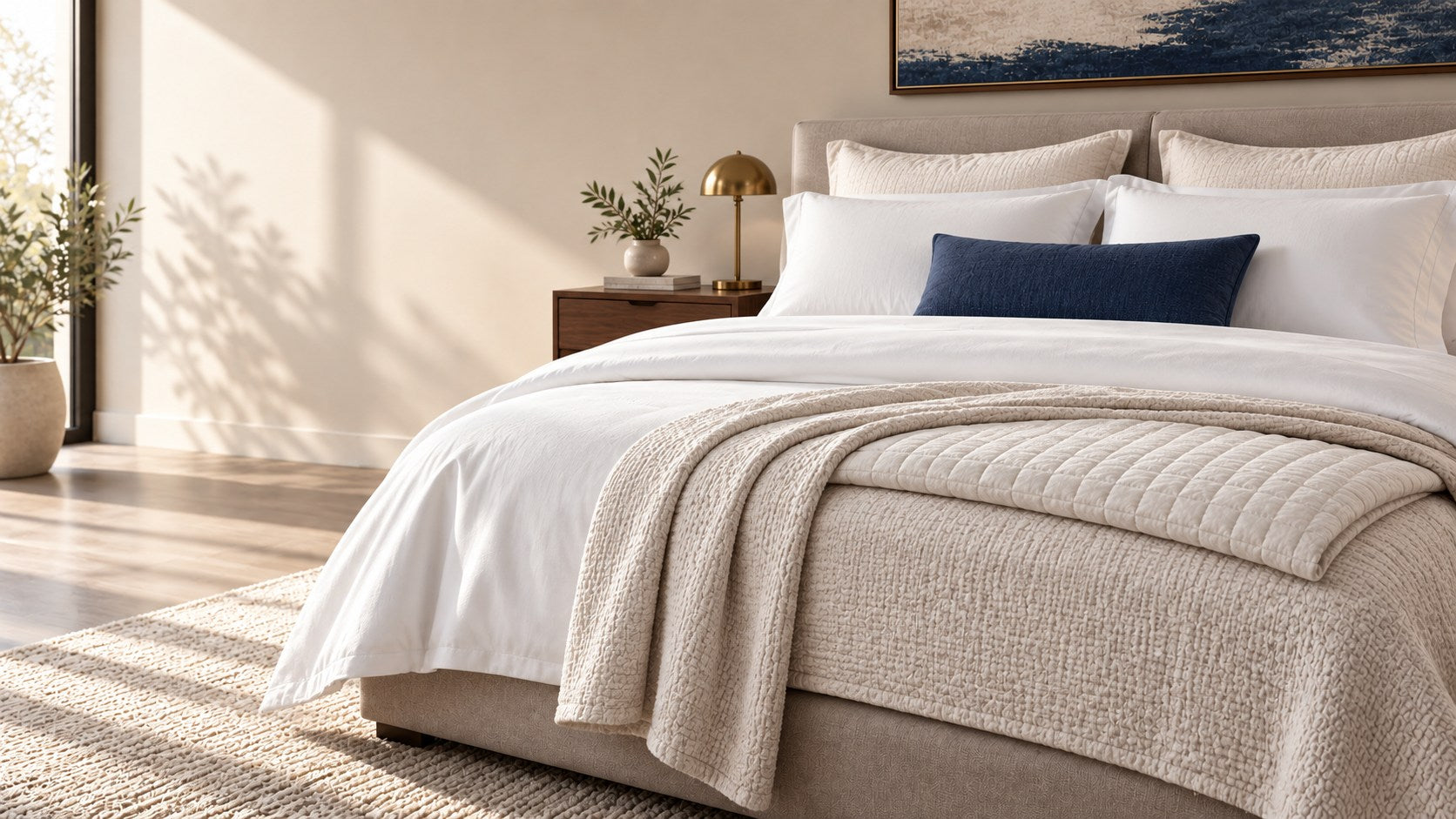 Layered white and ivory bedding in a warm sunlit bedroom