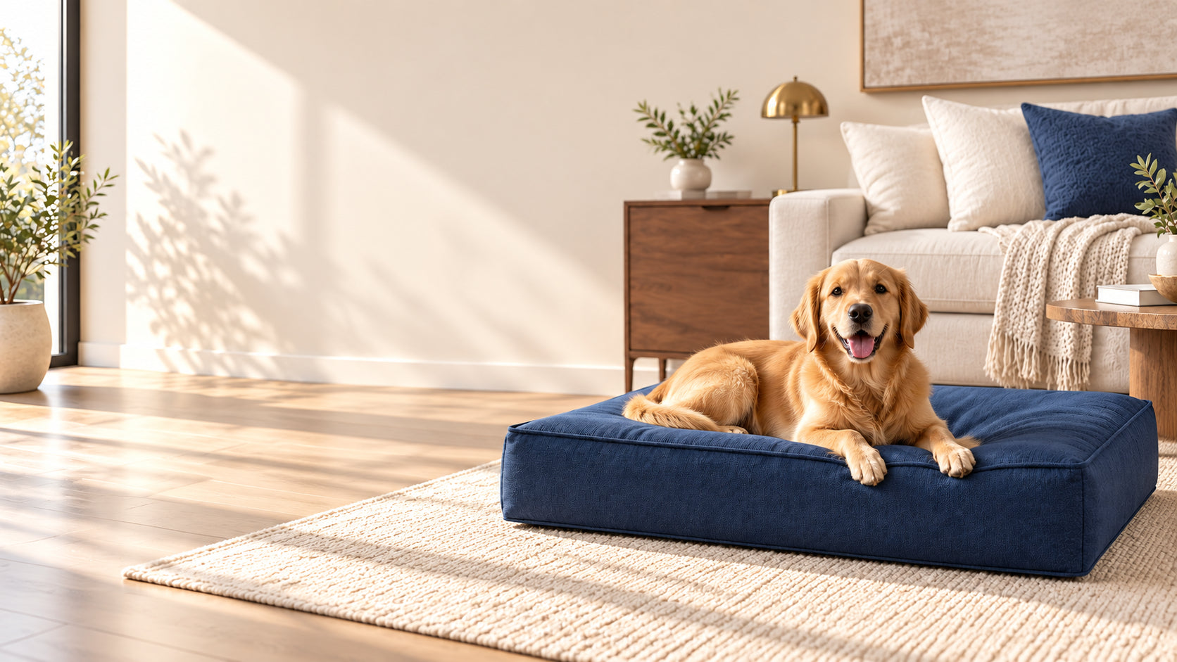 Young golden retriever resting on a tailored navy dog-bed cover