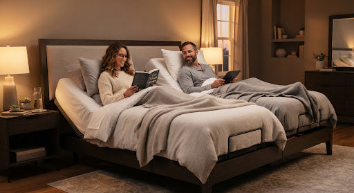Couple relaxing on adjustable beds in a warm lit room