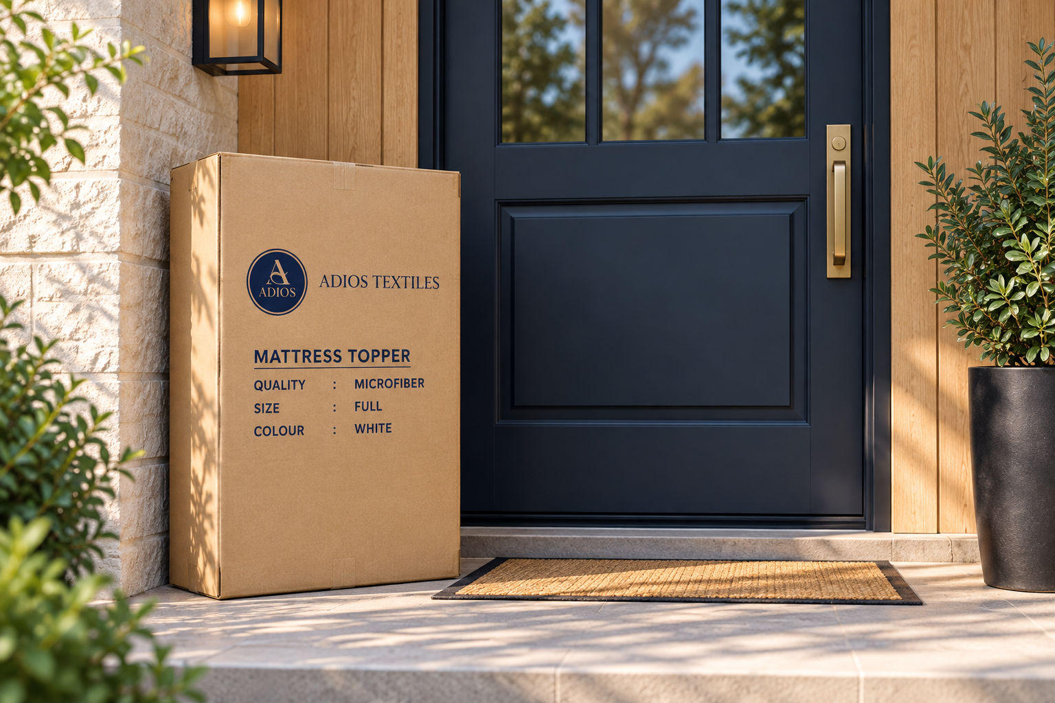 Adios shipping box on a residential front porch