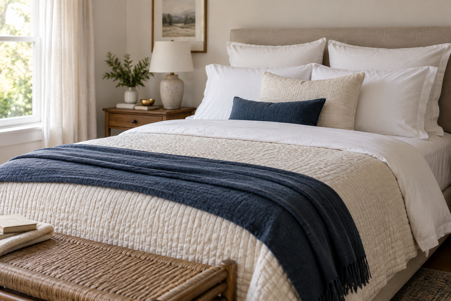 A neatly made bed with white bedding and a navy throw