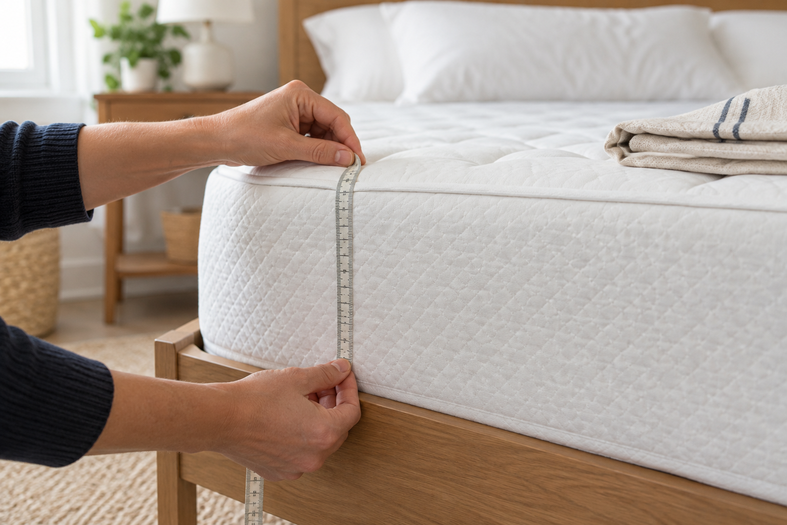 Hands measuring the edge of a mattress with a tape measure